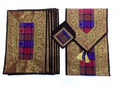 Indian Silk Table Runner with 6 Placemats & 6 Coaster in Brown Color Size 16x62